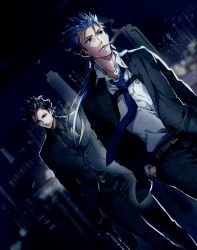 2boys black_hair blue_hair cigarette cityscape cu_chulainn_(fate) dutch_angle fate/stay_night fate/zero fate_(series) formal_clothes cu_chulainn_(fate/stay_night) diarmuid_ua_duibhne_(lancer)_(fate) multiple_boys nakagawa_waka necktie suit