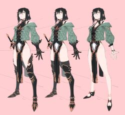 Rule 34 | 1girl, absurdres, black dress, black hair, black thighhighs, bracelet, character request, check character, closed mouth, cropped jacket, crotch cutout, dress, full body, green jacket, halfbakelim, highleg, highleg dress, highres, jacket, jewelry, leg armor, leotard, looking at viewer, multiple views, original, pink background, short hair, simple background, standing, sword, thighhighs, weapon, white leotard, yellow eyes