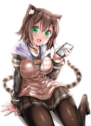 Rule 34 | 1girl, animal ear fluff, animal ears, arm support, bell, black pantyhose, black shirt, blush, breasts, brown hair, brown jacket, brown pantyhose, brown skirt, bulbonne, cat ears, cat girl, cat tail, cellphone, collarbone, commentary request, drawstring, fingernails, fumino tamaki, green eyes, hair between eyes, head tilt, holding, holding phone, hood, hood down, hooded jacket, jacket, jingle bell, long sleeves, looking at viewer, medium breasts, multiple tails, nail polish, nijisanji, no shoes, open mouth, pantyhose, phone, pink nails, pleated skirt, shirt, short hair, simple background, skirt, solo, striped clothes, striped jacket, striped tail, tail, teeth, two tails, upper teeth only, virtual youtuber, white background
