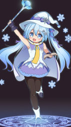 Rule 34 | 1girl, :d, arm up, armpits, black background, black gloves, black pantyhose, blue eyes, blue hair, blush, book, boots, cape, commentary request, fang, fingerless gloves, full body, gloves, hair between eyes, hair ornament, hair ribbon, hat, hatsune miku, highres, holding, holding book, holding wand, long hair, looking at viewer, magic circle, magical girl, multicolored clothes, multicolored skirt, necktie, nekono rin, open book, open mouth, orb, pantyhose, purple ribbon, ribbon, shirt, sidelocks, simple background, skirt, sleeveless, sleeveless shirt, smile, snowflake hair ornament, snowflakes, solo, standing, standing on one leg, treble clef, twintails, very long hair, vocaloid, wand, white cape, white footwear, white hair, white shirt, witch hat, yellow necktie, yuki miku