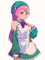 Rule 34 | 1girl, apron, arm at side, bare shoulders, beret, bow, bowtie, collared dress, cowboy shot, detached sleeves, dress, green dress, green hat, green sleeves, hair ornament, hairclip, hand on own chest, hand up, hat, long hair, long sleeves, looking at viewer, momone momo, parted lips, pink hair, red bow, red bowtie, robot ears, sakadakei, simple background, sleeveless, sleeveless dress, sleeves past wrists, solo, standing, swept bangs, utau, white apron, white background