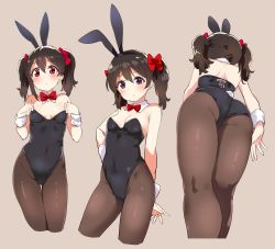 Rule 34 | 10s, 1girl, animal ears, ass, black hair, black leotard, black pantyhose, bow, bowtie, breasts, covered navel, cowboy shot, cropped legs, detached collar, fake animal ears, grey background, hair bow, kurokawa makoto, leotard, love live!, love live! school idol project, multiple views, pantyhose, playboy bunny, rabbit ears, rabbit tail, red bow, red eyes, red neckwear, simple background, small breasts, standing, strapless, strapless leotard, tail, thigh gap, twintails, wrist cuffs, yazawa nico