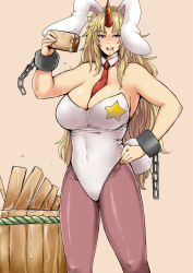 Rule 34 | 1girl, alternate costume, animal ears, bare shoulders, barrel, between breasts, black pantyhose, blonde hair, blush, breasts, chain, clothes between breasts, cuffs, detached collar, drinking, drunk, female focus, horns, hoshiguma yuugi, kemonomimi mode, large breasts, leotard, long hair, necktie, oni, pantyhose, playboy bunny, rabbit ears, rabbit tail, red eyes, shackles, simple background, single horn, skin tight, smile, solo, star (symbol), tail, tobisawa, touhou, very long hair