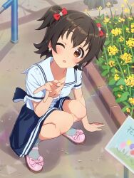 Rule 34 | 1girl, akagi miria, alternate costume, arm at side, birthday, blue skirt, blush, bow, brown eyes, brown hair, buttons, child, collarbone, collared shirt, commentary request, day, dot nose, earrings, flower, flower bed, flower earrings, footwear bow, full body, grey socks, hair bow, hand on ground, hand up, head tilt, highres, idolmaster, idolmaster cinderella girls, jewelry, knees, light smile, looking at viewer, medium bangs, medium hair, multiple hair bows, official style, one eye closed, open mouth, outdoors, park, pink bow, pink footwear, red bow, shirt, shoes, short sleeves, short twintails, sidelocks, sign, skirt, socks, solo, sparkle, squatting, tree, twintails, v, white shirt, yazawa happyaro, yellow flower