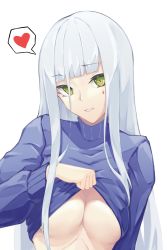 Rule 34 | 1girl, blue hair, blue sweater, breasts, clothes lift, girls&#039; frontline, green eyes, hair between eyes, heart, heart print, highres, hk416 (girls&#039; frontline), long hair, looking at viewer, medium breasts, no bra, solo, sweater, sweater lift, turtleneck, white background, yueyue no hand