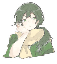 Rule 34 | 1boy, closed mouth, expressionless, facing viewer, green eyes, green hair, green jacket, head rest, hishida shunsou, jacket, long hair, looking to the side, low ponytail, male focus, meiji tokyo renka, scarf, sketch, solo, sooooniiiii, white background, yellow scarf