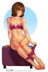 Rule 34 | 1girl, bare shoulders, barefoot, blue eyes, blush, bottomless, bow, bow bra, bra, breasts, brooke (mleth), brown hair, collarbone, commentary, feet, freckles, frown, full body, looking away, mleth, navel, original, panties, panty pull, pink bra, pink panties, pulling own clothes, short hair, simple background, sitting, small breasts, solo, symbol-only commentary, toes, underwear, underwear only, undressing, watermark, web address, wide hips
