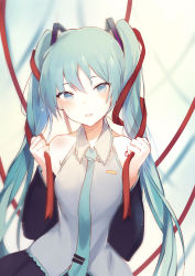 Rule 34 | 1girl, aqua eyes, aqua hair, bare shoulders, black skirt, blurry, breasts, collared shirt, commentary, depth of field, grey shirt, hair ornament, hands up, hatsune miku, long hair, long sleeves, looking at viewer, lpip, necktie, parted lips, red ribbon, ribbon, shirt, skirt, small breasts, smile, solo, twintails, upper body, vocaloid