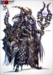 Rule 34 | 1other, ambiguous gender, armor, armored dress, artist name, capricorn (zodiac), check copyright, commentary request, copyright request, full armor, full body, glowing, holding, holding shield, holding staff, horns, k-suwabe, long hair, original, pauldrons, shield, shoulder armor, simple background, solo, spikes, staff, standing, very long hair, white background, zodiac
