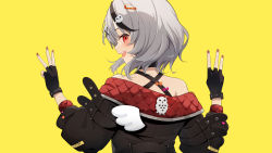Rule 34 | 1girl, bad id, bad twitter id, bird hair ornament, black gloves, black hair, black jacket, blush, brat (brabrabrat00), double w, fingerless gloves, from behind, gloves, grey hair, hair ornament, hairclip, highres, hololive, jacket, long sleeves, looking at viewer, looking back, medium hair, multicolored hair, nail polish, off shoulder, open mouth, profile, red eyes, red nails, sakamata chloe, simple background, smile, solo, streaked hair, upper body, virtual youtuber, w, x hair ornament, yellow background