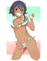 Rule 34 | 10s, 1girl, bad id, bad pixiv id, bikini, bikini pull, bikini top lift, black hair, braid, breasts, brown eyes, clothes lift, clothes pull, collarbone, commentary request, cowboy shot, cropped legs, female pubic hair, flag background, front-tie bikini top, front-tie top, girls und panzer, grin, highres, italian flag, italian flag bikini, lifted by self, looking at viewer, medium breasts, momendoufu, navel, outside border, pepperoni (girls und panzer), print bikini, pubic hair, pulled by self, short hair, side-tie bikini bottom, side braid, smile, solo, standing, sweat, swimsuit, tan, tanline, twitter username, v-shaped eyebrows
