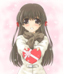 Rule 34 | 1girl, :d, blush, bow, brown eyes, brown hair, brown scarf, chocolate, coat, hair ribbon, hide (rightstuff annex), incoming gift, long hair, looking at viewer, open mouth, ribbon, scarf, smile, solo, upper body, valentine
