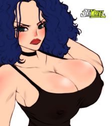 Rule 34 | 1girl, alternate costume, areola slip, bare shoulders, black dress, blue hair, breasts, choker, cleavage cutout, clothing cutout, curly hair, curvy, dress, female focus, green eyes, hand on own head, highres, large breasts, lipstick, long hair, looking at viewer, makeup, miss doublefinger, one piece, serious, solo