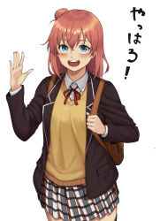 Rule 34 | 1girl, :d, absurdres, backpack, bag, black jacket, blazer, blue eyes, blush, brown hair, collared shirt, commentary request, dress shirt, hair between eyes, hair bun, hand up, highres, holding strap, jacket, looking at viewer, neck ribbon, open clothes, open jacket, open mouth, plaid, plaid skirt, pleated skirt, red ribbon, ribbon, round teeth, shirt, shooene, side bun, single hair bun, single side bun, skirt, smile, solo, sweater vest, teeth, translation request, upper teeth only, white shirt, yahari ore no seishun lovecome wa machigatteiru., yuigahama yui