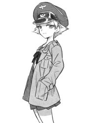 Rule 34 | 10s, 1girl, absurdres, bow, closed mouth, commentary, cowboy shot, erwin (girls und panzer), from side, girls und panzer, greyscale, hand in pocket, hat, highres, jacket, light smile, long sleeves, looking at viewer, meis (terameisu), military hat, military jacket, monochrome, ooarai school uniform, open clothes, open jacket, peaked cap, pointy hair, school uniform, short hair, solo, standing, traditional media
