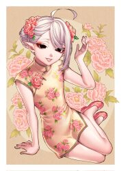Rule 34 | 1boy, ahoge, arm support, asymmetrical hair, black eyes, border, china dress, chinese clothes, dress, floral background, floral print, flower, grin, hair bun, hair flower, hair ornament, half-closed eyes, highres, leaning to the side, legs together, looking at viewer, male focus, ohayousan 084, original, pink dress, pink flower, pink footwear, pink rose, pointy ears, rose, rose (ohayousan 084), shoes, sitting, smile, solo, trap, tsurime, white border, white hair, yokozuwari
