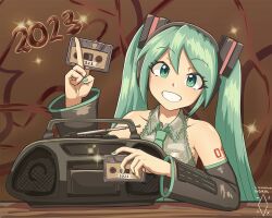 Rule 34 | 1girl, 2022, 2023, bare shoulders, blue eyes, blue hair, boombox, cassette tape, collared shirt, commentary, detached sleeves, digiral, english commentary, grin, hair ornament, hand up, hatsune miku, head tilt, highres, holding, long hair, long sleeves, looking at viewer, necktie, new year, radio, shirt, sleeveless, sleeveless shirt, smile, solo, twintails, vocaloid