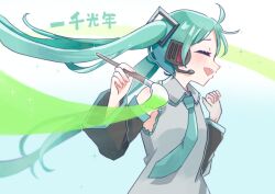 Rule 34 | 1girl, ahoge, aqua background, aqua hair, aqua necktie, art brush, black sleeves, closed eyes, commentary, detached sleeves, floating hair, from side, gradient background, grey shirt, hair ornament, hands up, hatsune miku, headphones, headset, highres, holding, holding paintbrush, issen kounen (vocaloid), long hair, necktie, open mouth, paintbrush, painting (action), profile, shirt, sleeveless, sleeveless shirt, smile, solo, song name, sparkle, takagi konoha, twintails, upper body, very long hair, vocaloid, white background