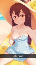 Rule 34 | 1girl, absurdres, beach, blue dress, blush, breasts, brown hair, caption, clothes pull, collarbone, commentary request, creatures (company), day, dress, dress pull, flower, game freak, gazing eye, grin, hat, hat flower, highres, long hair, looking at viewer, nintendo, nipples, outdoors, poke ball print, pokemon, pokemon masters ex, pokemon sm, pulling own clothes, raised eyebrows, red-framed eyewear, sand, selfie, shore, sightseer (pokemon), sitting, smile, solo, spread legs, strapless, strapless dress, sunglasses, sweat, teeth, water, yellow flower