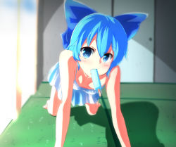 Rule 34 | 1girl, all fours, bare arms, bare shoulders, barefoot, blue dress, blue eyes, blue hair, blush, bow, breasts, cirno, collarbone, convenient censoring, door, downblouse, dress, food, hair bow, looking at viewer, matching hair/eyes, mouth hold, off shoulder, popsicle, sexually suggestive, shadow, sleeveless, sleeveless dress, small breasts, solo, spilling, strap slip, tatami, touhou, yocchi (tenyunkel)