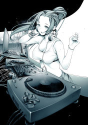 Rule 34 | 1girl, bare shoulders, bracelet, breasts, cleavage, collarbone, commentary request, computer, crowd, dj, floating hair, headphones, headphones around neck, jewelry, laptop, large breasts, long hair, looking at viewer, midriff, monochrome, open mouth, original, pants, phonograph, ponytail, smile, solo, speaker, sports bra, stage, temutemutemu, turntable
