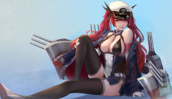 Rule 34 | 1girl, absurdres, azhang, azur lane, bare shoulders, black jacket, breasts, cleavage, covered erect nipples, full body, gloves, hat, highres, honolulu (azur lane), jacket, large breasts, long hair, looking at viewer, off-shoulder jacket, off shoulder, peaked cap, red eyes, red hair, rigging, simple background, sitting, solo, white gloves