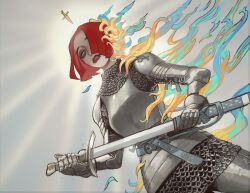 Rule 34 | 1girl, armor, bob cut, breastplate, burning, chainmail, clone high, copyright request, couter, highres, holding, holding sword, holding weapon, joan of arc (clone high), looking at viewer, mossacannibalis, parted lips, red hair, scabbard, sheath, solo, sword, unsheathing, weapon, yellow eyes