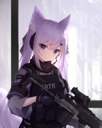 Rule 34 | 1girl, animal ear fluff, animal ears, battle rifle, bird, black gloves, blue eyes, bulletproof vest, closed mouth, commentary request, crescent, crescent hair ornament, gloves, gun, guo582, hair ornament, hair ribbon, heterochromia, highres, holding, long hair, long sleeves, looking at viewer, m14, mk 14 ebr, original, purple eyes, purple hair, revision, ribbon, rifle, smile, solo, tail, trigger discipline, upper body, weapon