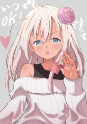 Rule 34 | 1girl, :3, alternate costume, black tank top, blue eyes, casual, commentary request, condom, flower, grey background, hair between eyes, hair flower, hair ornament, heart, jewelry, kantai collection, long hair, long sleeves, looking at viewer, off-shoulder sweater, off shoulder, one-piece tan, open mouth, ribbed sweater, ring, ro-500 (kancolle), sanninme no haru, simple background, solo, sweater, tan, tank top, tanline, upper body, wedding band