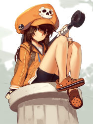 Rule 34 | anchor, bike shorts, boa (brianoa), brown eyes, brown hair, crocs, guilty gear, hat, highres, holding, holding anchor, hood, hoodie, looking at viewer, may (guilty gear), orange footwear, orange hat, orange hoodie, smile