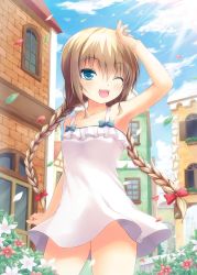 Rule 34 | 1girl, ;d, arm at side, arm up, armpits, bad id, bad pixiv id, bare shoulders, blue eyes, blue sky, bow, braid, brick wall, building, cloud, collarbone, cowboy shot, day, dress, flower, fountain, hair bow, highres, light brown hair, light rays, looking at viewer, one eye closed, open mouth, original, outdoors, petals, plant, red bow, shading eyes, sky, sleeveless, sleeveless dress, smile, solo, standing, sunbeam, sundress, sunlight, tiphereth, town, twin braids, twintails, white dress, wind, window