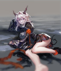 Rule 34 | absurdres, arknights, caoyao, ascot, dragon girl, dragon horns, dress, highres, horns, on floor, outdoors, red eyes, reunion logo (arknights), short hair, tail, talulah (arknights), thighs, white hair