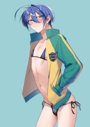 Rule 34 | 1boy, absurdres, ahoge, bikini, black bikini, blue background, blue eyes, blue hair, blush, bulge, character request, collarbone, commentary, commentary request, covered erect nipples, cowboy shot, crossdressing, double-parted bangs, from side, green jacket, hair between eyes, highres, hip bones, jacket, leaning forward, looking at viewer, male focus, navel, omiyacha, open clothes, open jacket, original, pale skin, pectorals, revealing clothes, shiny clothes, shiny skin, short hair, side-tie bikini bottom, simple background, skinny, smile, smirk, solo, solo focus, sports jacket, sportswear, standing, stomach, swimsuit, thong bikini, trap, unzipped, yellow jacket