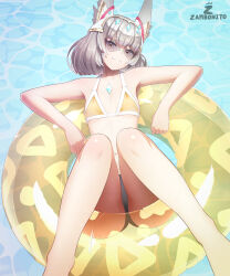 Rule 34 | 1girl, absurdres, afloat, animal ear fluff, animal ears, bikini, breasts, grey hair, highres, looking at viewer, nia (xenoblade), short hair, small breasts, smile, solo, sunglasses, swimsuit, water, xenoblade chronicles (series), xenoblade chronicles 3, zambonito