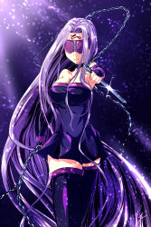Rule 34 | 1girl, black footwear, black thighhighs, blindfold, boots, breasts, cleavage, collar, elbow gloves, facial mark, fate/hollow ataraxia, fate/stay night, fate (series), forehead mark, gloves, gradient background, highres, long hair, medusa (fate), medusa (rider) (fate), purple hair, sleeveless, solo, thigh boots, thighhighs, very long hair, zettai ryouiki