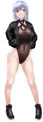 Rule 34 | 1girl, absurdres, black footwear, black jacket, black leotard, breasts, cleavage cutout, clothing cutout, contrapposto, covered navel, hands in pockets, highleg, highleg leotard, highres, jacket, leotard, long hair, looking at viewer, medium breasts, ogura toast, original, red eyes, shoes, silver hair, simple background, sneakers, solo, white background