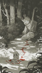 Rule 34 | 1boy, animal, bad id, bad pixiv id, bandages, bleeding, blood, blood trail, blue eyes, crying, forest, greyscale, highres, holding, holding staff, kneeling, male focus, monochrome, nature, original, parted lips, sawana, scroll, solo, spot color, staff, tree