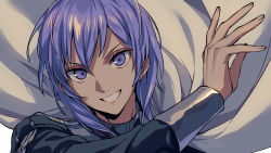 Rule 34 | 1boy, androgynous, asada hachi, banned artist, cape, commentary request, epaulettes, fire emblem, fire emblem: three houses, floating cape, garreg mach monastery uniform, grin, hair between eyes, hand up, highres, jacket, long sleeves, looking at viewer, male focus, medium hair, nintendo, portrait, purple eyes, purple hair, simple background, smile, solo, twitter username, watermark, white background, white cape, yuri leclerc