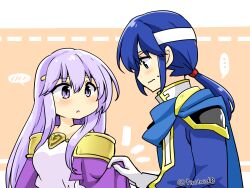 Rule 34 | 1boy, 1girl, blue cape, blue eyes, blue hair, brother and sister, cape, circlet, dress, fire emblem, fire emblem: genealogy of the holy war, headband, julia (fire emblem), looking at another, nintendo, ponytail, purple eyes, purple hair, seliph (fire emblem), siblings, simple background, white headband, yukia (firstaid0)