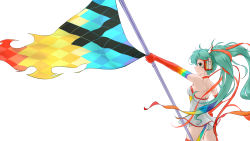 Rule 34 | 1girl, absurdly long hair, aqua eyes, aqua hair, artist name, artist request, blue eyes, blue hair, breasts, choker, dress, elbow gloves, female focus, flag, gloves, goodsmile company, goodsmile racing, hatsune miku, headphones, headset, highres, holding, holding flag, long hair, looking at viewer, looking back, medium breasts, orange choker, orange gloves, orange ribbon, orange thighhighs, parted lips, race queen, racing miku, racing miku (2016), ribbon, skirt, smile, solo, thighhighs, twintails, very long hair, vocaloid, white background, white dress, white skirt