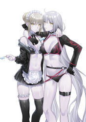 Rule 34 | 2girls, ahoge, apron, arm around shoulder, artoria pendragon (alter swimsuit rider) (fate), artoria pendragon (alter swimsuit rider) (second ascension) (fate), artoria pendragon (fate), bikini, bikini skirt, black bikini, black gloves, black jacket, blonde hair, bow, breasts, choker, cleavage, commentary request, cropped legs, fate/grand order, fate (series), food, frilled bikini, frilled choker, frills, frown, gloves, gluteal fold, hair bow, hair bun, highres, ice cream, jacket, jeanne d&#039;arc alter (swimsuit berserker) (fate), jeanne d&#039;arc (fate), jeanne d&#039;arc alter (fate), jeanne d&#039;arc alter (swimsuit berserker) (fate), long hair, looking at viewer, maid apron, maid headdress, medium breasts, multiple girls, nipi27, o-ring, o-ring bikini, off shoulder, pale skin, parted lips, popsicle, popsicle stick, shrug (clothing), silver hair, simple background, single hair bun, small breasts, swimsuit, thigh gap, thigh strap, thighhighs, very long hair, white background, yellow eyes
