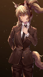 Rule 34 | 1girl, absurdres, alternate costume, animal ear fluff, animal ears, arknights, black background, black jacket, black necktie, black pants, blazer, brown background, brown hair, commentary, cowboy shot, gradient background, headphones, headset, highres, horse girl, innovation, jacket, light particles, long hair, long sleeves, nearl (arknights), necktie, pants, ponytail, shirt, solo, standing, tail, white shirt, yellow eyes