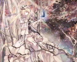 Rule 34 | 1girl, absurdres, arknights, bare legs, bare tree, bird, blonde hair, boots, branch, cage, closed eyes, demon horns, dress, forest, frills, full body, hand on own chest, hat, highres, horns, light rays, long hair, music, nature, nightingale (arknights), open mouth, ribbed sweater, singing, solo, straight hair, strap, sunlight, sweater, thighs, tree, turtleneck, turtleneck sweater, white dress, white footwear, white hat, white sweater, zya zya