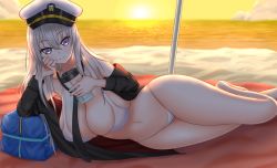 Rule 34 | 1girl, artist request, azur lane, beach, beach towel, beach umbrella, bikini, black coat, black necktie, breasts, cleavage, coat, cup, disposable cup, drinking straw, enterprise (azur lane), hat, holding, holding cup, large breasts, long hair, looking at viewer, military hat, necktie, ocean, outdoors, peaked cap, purple eyes, sand, sky, smile, solo, swimsuit, thighs, towel, umbrella, very long hair, white hair