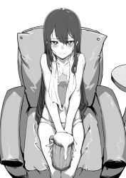 Rule 34 | 1girl, absurdres, alcohol, armchair, beer, beer mug, blush, chair, closed mouth, collarbone, copyright request, cup, feet out of frame, fixro2n, greyscale, hair between eyes, highres, holding, holding cup, long hair, looking at viewer, monochrome, mug, navel, official art, on chair, panties, scar, scar on chest, simple background, sitting, solo, table, topless, towel, towel around neck, underwear, underwear only, very long hair, white background