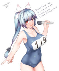 Rule 34 | 1girl, absurdres, blue hair, breasts, cowboy shot, hair ribbon, highres, holding, holding microphone, i-19 (kancolle), initial d, kantai collection, large breasts, long hair, looking at viewer, lyrics, maru (marg0613), microphone, music, name tag, red eyes, ribbon, school swimsuit, simple background, singing, solo, star-shaped pupils, star (symbol), swimsuit, symbol-shaped pupils, tri tails, twintails, white background