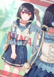 Rule 34 | 1girl, adjusting hair, bag, blouse, blue hair, blue shirt, blue skin, blurry, blurry foreground, camisole, carrying, closed mouth, colored skin, commentary, day, depth of field, dutch angle, frilled shirt, frills, hair ornament, hair scrunchie, hairclip, handbag, idolmaster, idolmaster shiny colors, jewelry, kamille (vcx68), light blush, long sleeves, looking at mirror, low twintails, medium hair, miniskirt, mirror, morino rinze, necklace, red eyes, reflection, scrunchie, shirt, skirt, solo, standing, twintails, white scrunchie, white shirt