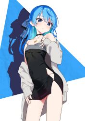 Rule 34 | 1girl, bare shoulders, black choker, black dress, blue archive, blue background, blue bow, blue eyes, blue hair, bow, choker, closed mouth, collarbone, commentary request, cosplay, dress, drop shadow, earrings, hair between eyes, hair bow, highres, hololive, hoshimachi suisei, jacket, jewelry, kayoko (blue archive), kayoko (blue archive) (cosplay), kayoko (dress) (blue archive), kutata, long hair, long sleeves, looking at viewer, off shoulder, open clothes, open jacket, puffy long sleeves, puffy sleeves, sleeveless, sleeveless dress, sleeves past wrists, solo, standing, strap slip, striped bow, two-tone background, virtual youtuber, white background, white jacket
