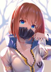 Rule 34 | 1girl, akanagi youto, arm up, blue eyes, breasts, brown hair, character request, cleavage, collarbone, commentary request, copyright request, gradient background, grey background, hair between eyes, head tilt, high collar, highres, jacket, long sleeves, looking at viewer, mask, medium breasts, nail polish, partially unzipped, purple nails, scar, scar on neck, short hair, sidelocks, solo, upper body, white background, white jacket