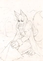 Rule 34 | 1girl, animal ear fluff, animal ears, animal hands, anubis (monster girl encyclopedia), claws, cloak, fur trim, kneeling, long hair, long sleeves, monochrome, monorus, monster girl encyclopedia, pants, pyramid (structure), scarf, sketch, smile, snow, snow sculpture, snowing, solo, tail, tail raised, traditional media, winter clothes